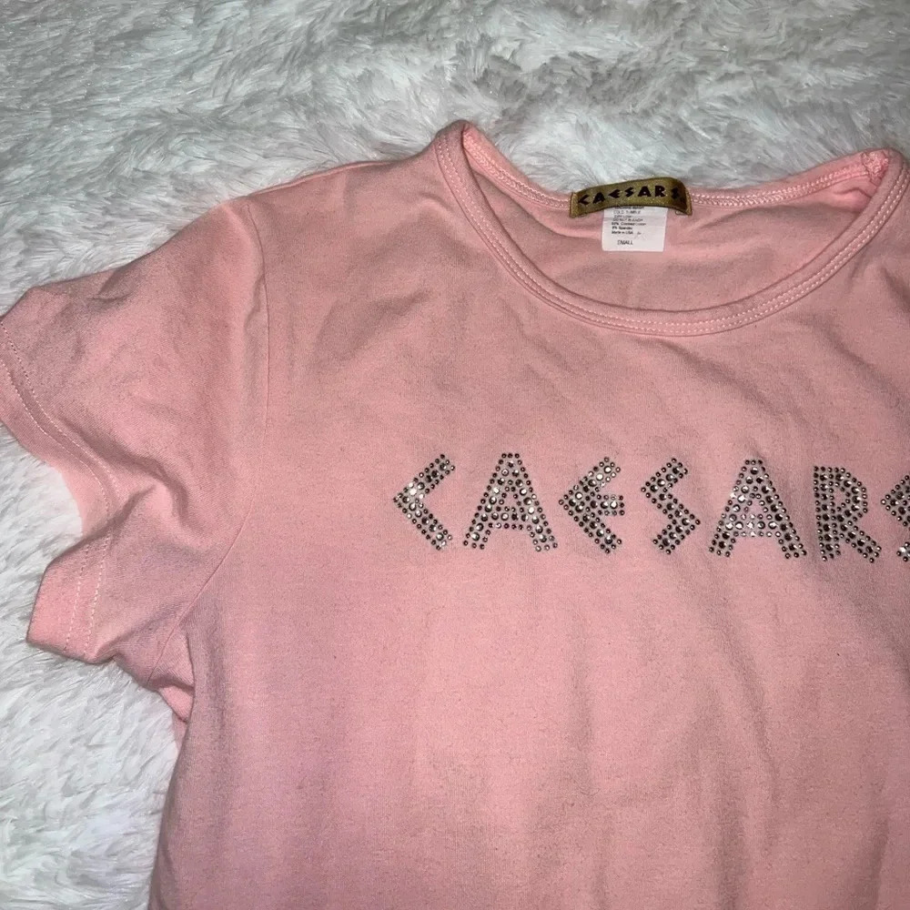 Cesar’s Palace Top with Bedazzled Lettering Light Pink Y2K Rhinestone size small